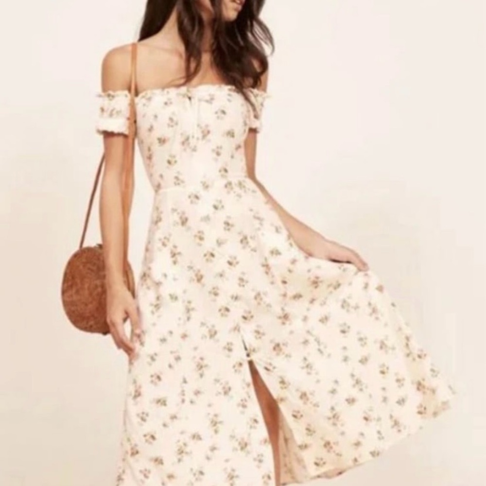 Reformation Cream Floral Midi Dress